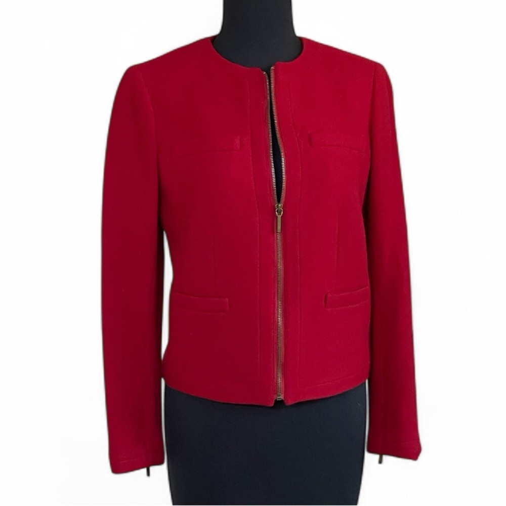 Lauren Ralph Lauren Red Wool Blend Women's Blazer Sz 4 Zipper Jacket Collarless - Picture 3 of 13